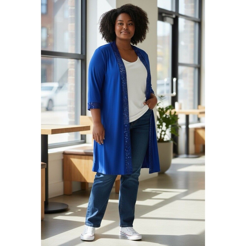 Catherines Sequin Trim Open Kimono Jacket Royal Blue Womens 34W Evening Party